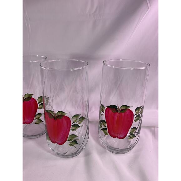 Set of 4 Rare Vintage Hand Painted Apple Clear Glass Drinking Glasses 7" Tall - Picture 4 of 9